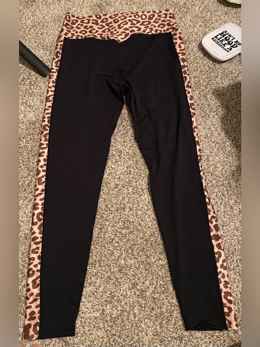 Black Leggings with Leopard Waistband and Side Panels Size XL